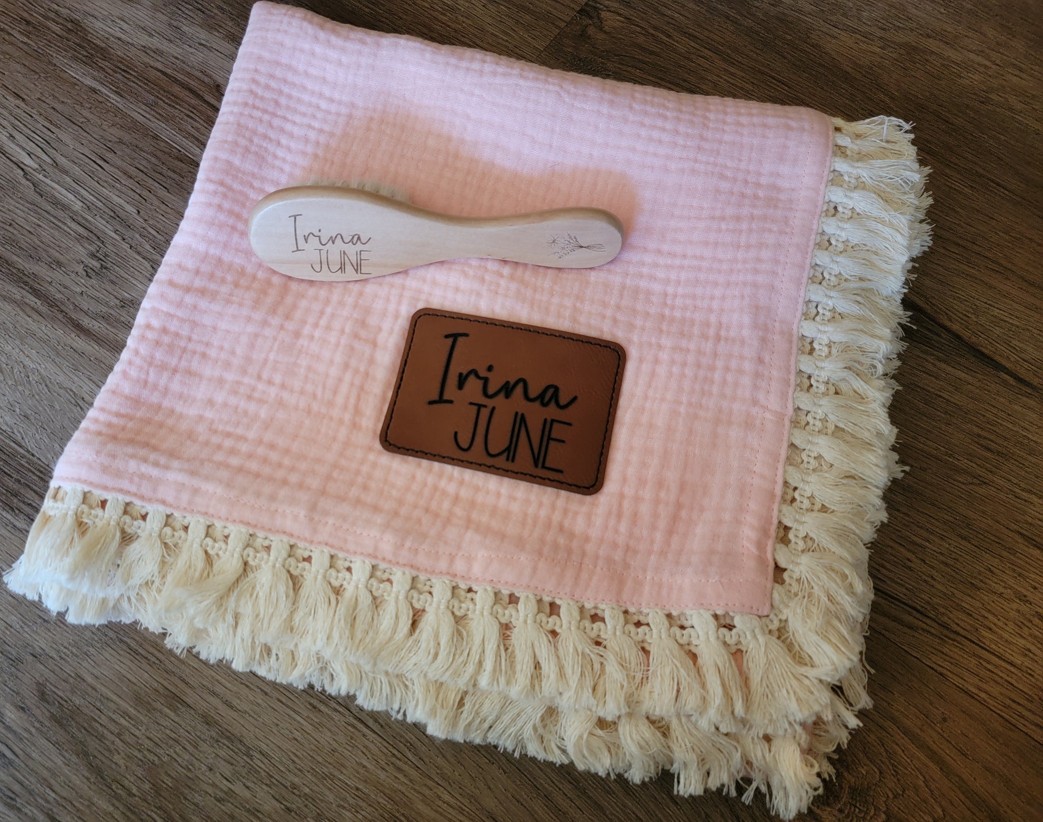 Personalized Leather Patch Baby Muslin Blanket & Hairbrush | Giftset | Apparel