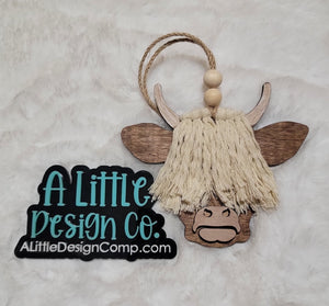 Highland Cow Macrame Car Tag/Essential Oil Freshie | Lasered