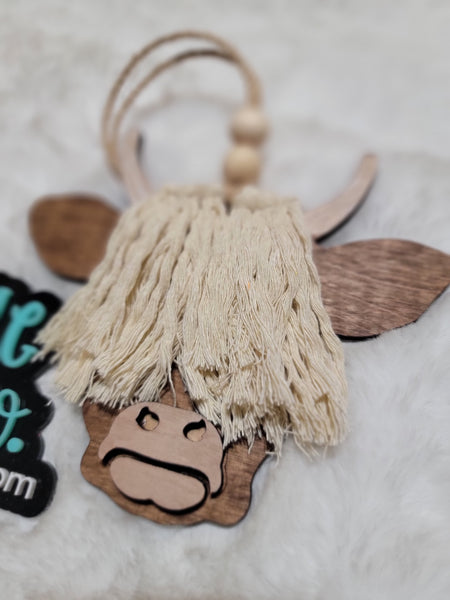 Highland Cow Macrame Car Tag/Essential Oil Freshie | Lasered