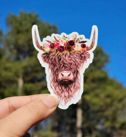 Floral Highland Cow Sticker