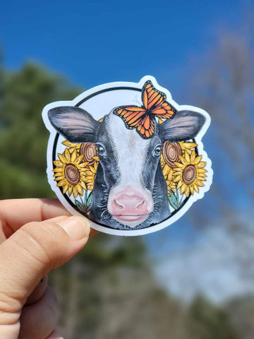 Cow With Butterfly and Sunflowers Sticker