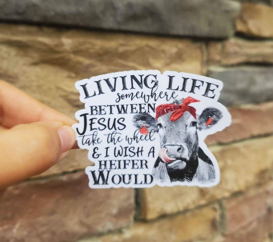 Living Life Somewhere Between Jesus And I Wish A Heifer Would Sticker | Funny Cow Sticker